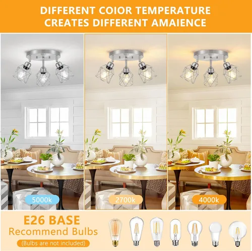 Vista 6 de Baocuz Lámpara de techo semiempotrada de níquel cepillado de 3 luces, luminarias de cocina ajustables montaje al techo base E26, luces de techo