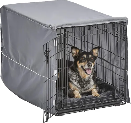 Vista 11 de MidWest Homes for Pets Kit de jaula para perros de doble puerta de 30 pulgadas, el paquete incluye una jaula de dos puertas, cama gris a juego