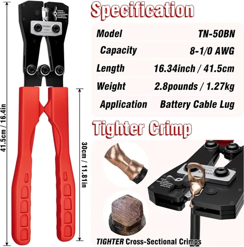 Vista 4 de Herramienta de prensado de cables de batería para terminales de cobre AWG 8-1/0, crimpadora de terminales de batería resistente, crimpadora