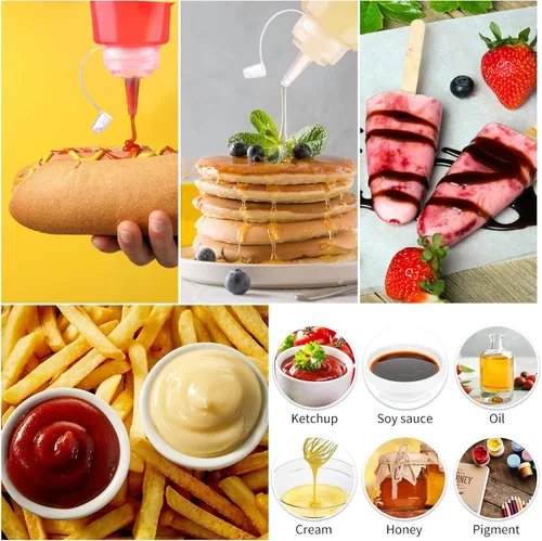 Vista 4 de Xinnun 24 botellas de plástico para exprimir condimentos, a prueba de fugas, botellas multiusos con tapa superior giratoria para salsas, ketchup