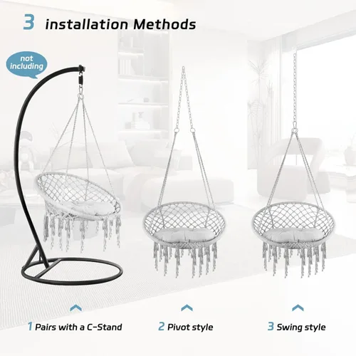 Vista 4 de Macrame Swing Chair with Removable Cushion & Hardware, Heavy-Duty Hammock Chair Handwoven from Cotton Rope, Supports 330LBS for Boho Patio, Bedroom
