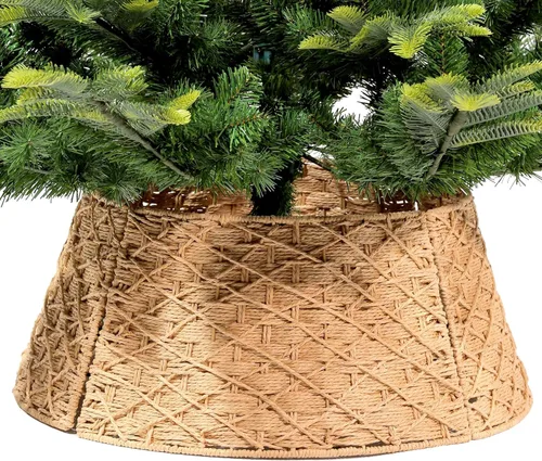 Vista 9 de WBHome - Collar para árbol de Navidad, ajustable de 28 pulgadas, punto de cable, punto grueso rústico, decoración navideña, anillo de árbol de Beige