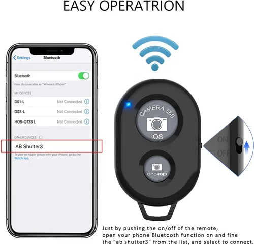 Vista 2 de Obturador Remoto Inalámbrico para Teléfonos Celulares y Tabletas (Paquete de 3), AOQIYUE Control Remoto Bluetooth para Control de Cámara