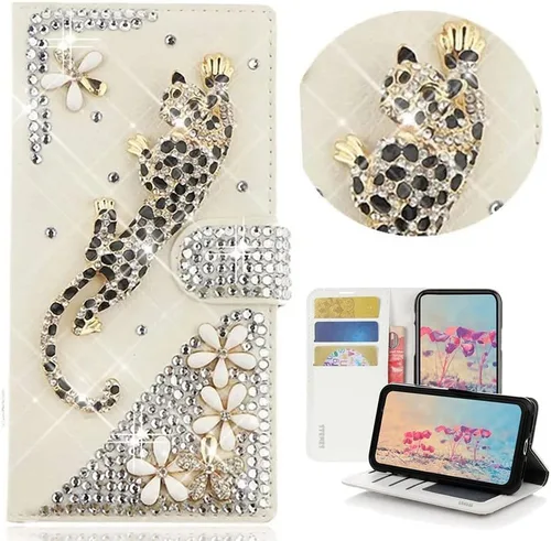 Vista 9 de Bling Wallet - Funda de piel compatible con Google Pixel 6a, elegante, 3D, hecha a mano, diseño floral, diseño floral, con correa para el cuello