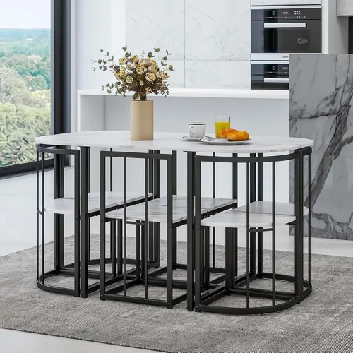 Vista 2 de Quarte Moderno juego de mesa de comedor de 7 piezas con mármol sintético, juego de mesa de cocina de metal compacto, diseño de silla triangular