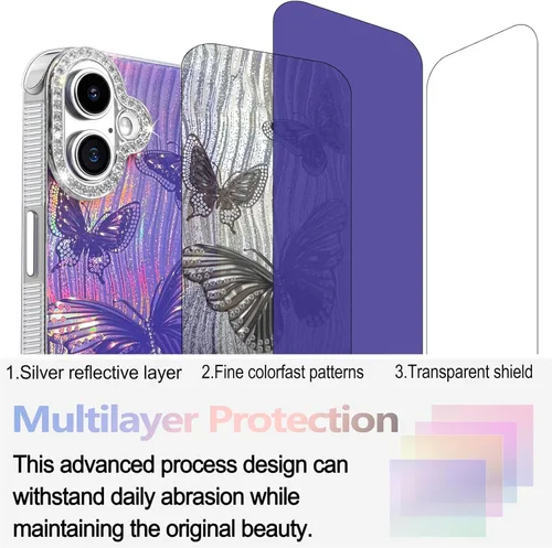 Vista 338 de I-MGAE-IN-AR - Funda diseñada para iPhone 12 y 12 Pro, diseño de mariposa plateada brillante, funda protectora de poliuretano termoplástico, suave