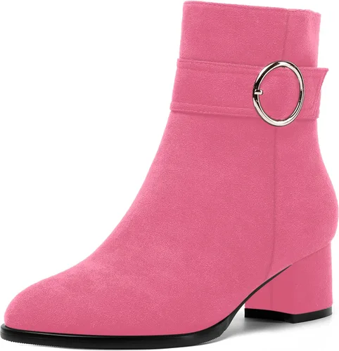MOVINSTEPS Vestido sólido para mujer, con cremallera, puntera redonda, gamuza, para citas, tacón bajo, botas altas hasta el tobillo, 2 pulgadas