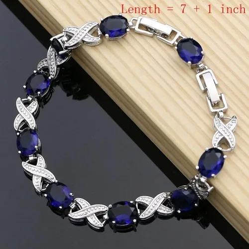 Vista 5 de Juego de joyas de plata 925, disfraz cuadrado de zafiro azul para mujer, aretes de aro, anillos, pulsera, collar