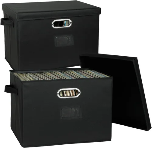 Vista 10 de Cajas de almacenamiento de discos de vinilo de 12 pulgadas con tapas y asas, elegante y práctico organizador de discos LP para más de 100 discos