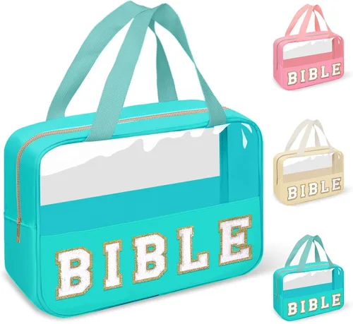 Vista 12 de izuzta Bolsas de maquillaje transparentes tipo tote con letras de chenilla, bolsa de maquillaje preppy con asa, Moda