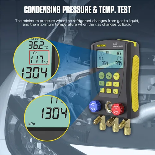 Vista 3 de Medidor de colector digital de refrigeración, kit de probador de temperatura de presión de vacío HVAC con clip de prueba y tubería para probar