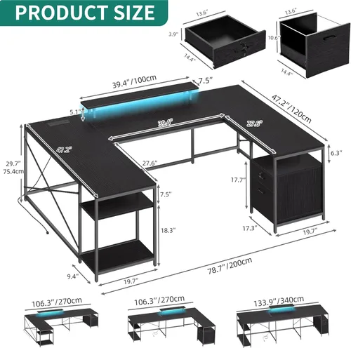 Vista 2 de YITAHOME Escritorio en Forma de U con Tomas de Corriente y Luces LED, Escritorio Reversible en Forma de L de 79" con Cajones, Escritorio de Esquina