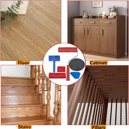 Vista 4 de Juego de herramientas de granulado de madera, 6 piezas de 7 pulgadas, rodillo de grano de madera falsa de goma, herramienta de granulado de goma