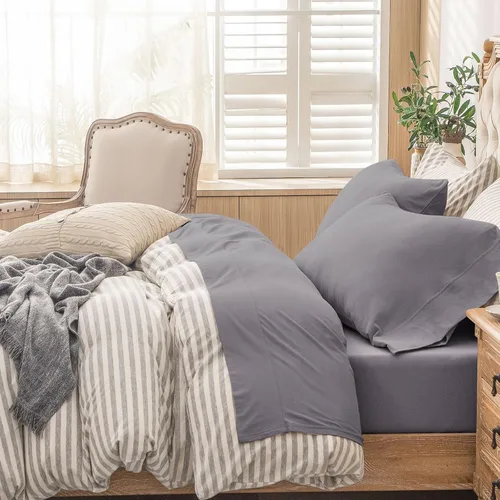 Vista 8 de PURE ERA - Juego de sábanas punto jersey de 4 piezas, 100% algodón, supersuaves, cómodas, transpirables, para colchones de hasta 20 pulgadas, Gris