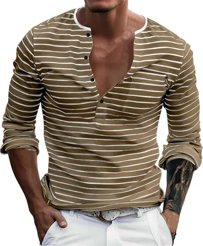 Vista 8 de Mens Henley Shirts Long Sleeve Regular Fit Cotton Casual Summer Striped T Shirts Fashion Basic Fitted Athletic Work Tshirts
