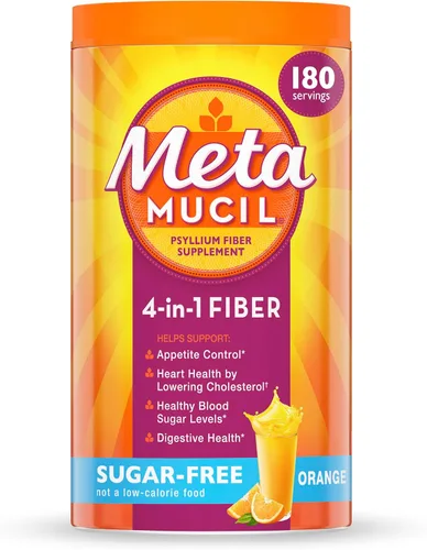 Metamucil 4-en-1 suplemento de fibra de cáscara de psyllium, sin azúcar, 180 cucharaditas, sabor a naranja, polvo de fibra diaria para la salud