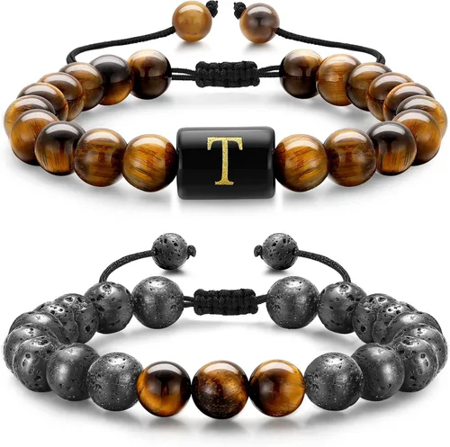 Lava Rock Bracelets for Men, 8mm Tiger Eye Lava Rock Stone Mens Beaded Bracelets Men Bracelets Set Initial Bracelets for Men Adjustable Bracelet