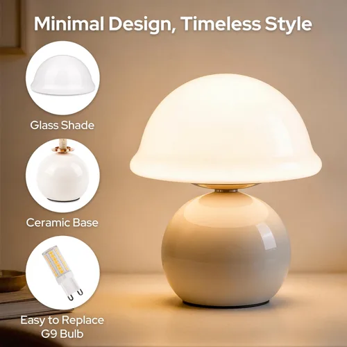 Vista 6 de Lámpara de mesa con forma de hongo para dormitorio, acogedora lámpara de noche con pantalla de cristal, lámpara de mesita de noche regulable