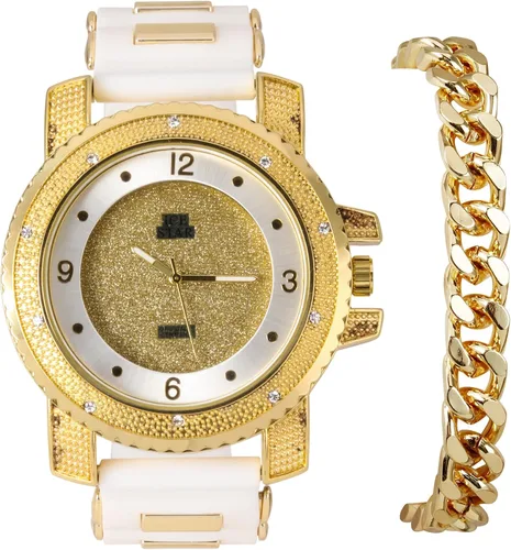 Techno Pave Reloj de gran tamaño de 2.047 in para hombre, bisel brillante, esfera redonda, correa de silicona, acabado en oro y plata de 14