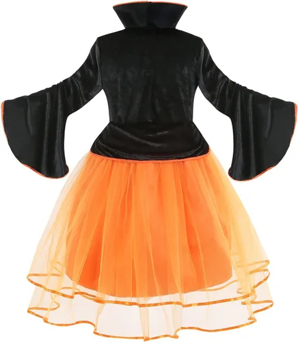 Vista 2 de LMYOVE Disfraz de bruja púrpura para niñas, disfraz de disfraz de Helloween, verde y naranja