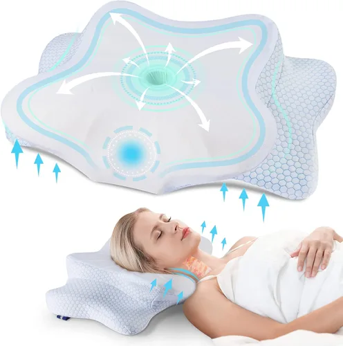 Vista 13 de DONAMA Almohada cervical para aliviar el dolor de cuello y hombros, almohada de espuma viscoelástica de contorno refrescante, almohada ergonómica