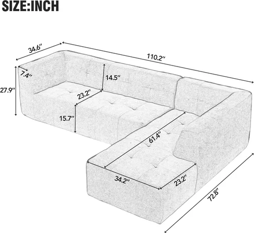 Vista 20 de Sofá modular en forma de L de 100.7 pulgadas con otomana extraíble, modernos sofás de 3 plazas con dos reposabrazos y patas de metal, cómoda tela