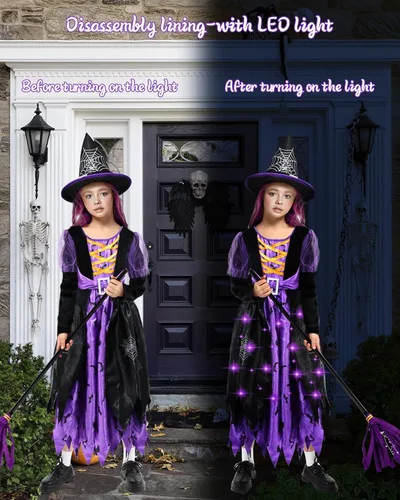 Vista 3 de Disfraz de bruja de Halloween para niñas, bruja malvada morada y negra con sombrero, falda de murciélagos iluminados