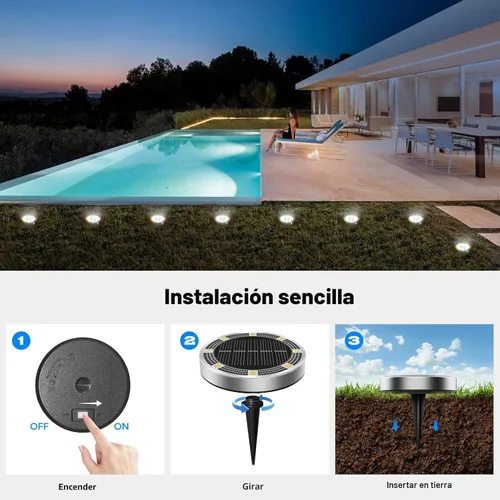 Vista 4 de Peasur Luces solares de suelo para exteriores, paquete de 8 luces planas de disco con energía solar, IP68 impermeable, antioxidante, iluminación