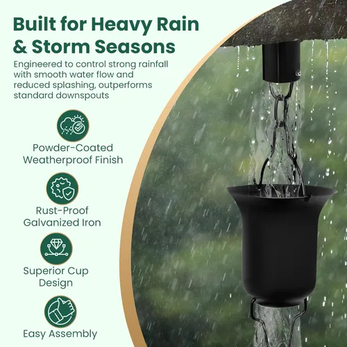 Vista 7 de Cadena de lluvia negra de 9 pies, 11 pies instalada con estaca de anclaje y adaptador de canalón, cadenas de lluvia duraderas y resistentes