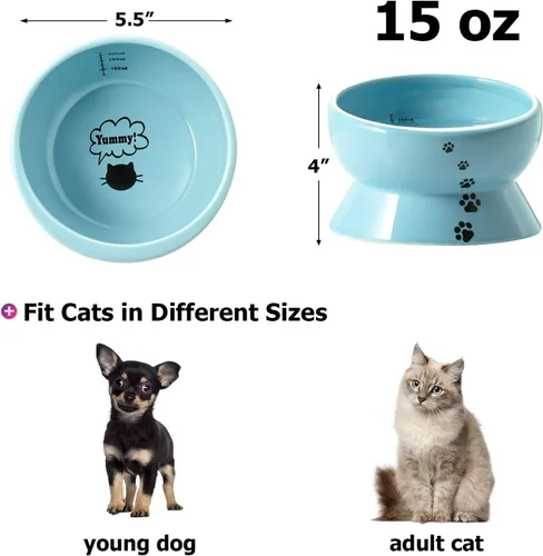 Vista 2 de Y YHY Tazón de cerámica para comida y agua de gatos inclinado de 15 onzas, azul lago