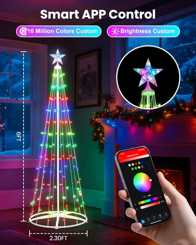 Vista 2 de Paquete de 2 Luces Inteligentes de Árbol de Navidad en Forma de Cono - Árbol Artificial de 5 Pies con 130 LED y 6 Pies con 154 LED con Estrella