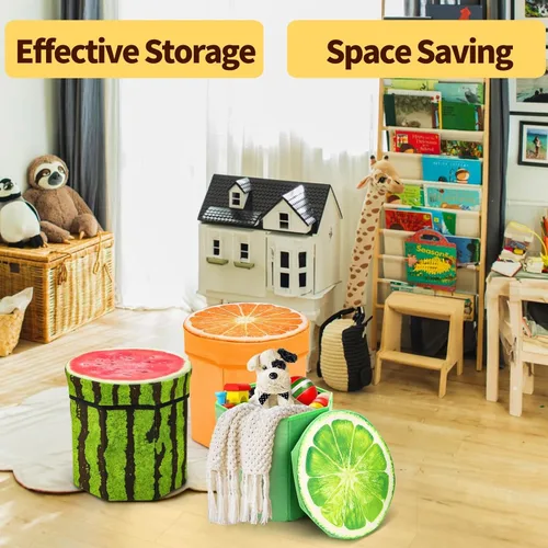 Vista 5 de Covzoe Paquete de 3 taburetes de almacenamiento de frutas, taburete otomano plegable de 12 x 12 pulgadas con cojín de espuma, baúl de almacenamiento