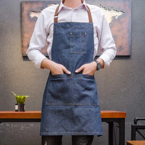 Vista 6 de Delantal de mezclilla unisex ajustable con múltiples bolsillos para chef cocina, barbacoa y estudio