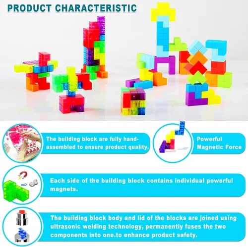 Vista 9 de Bloques de construcción magnéticos, cubos magnéticos 3D, juego de 7 bloques magnéticos de múltiples formas con 54 tarjetas guía, juguetes educativos