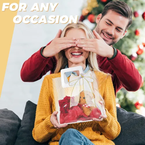 Vista 2 de PerKoop 48 bolsas de regalo transparentes con asas, bolsa de regalo de PVC transparente, bolsas de regalo reutilizables resistentes con 10 rollos