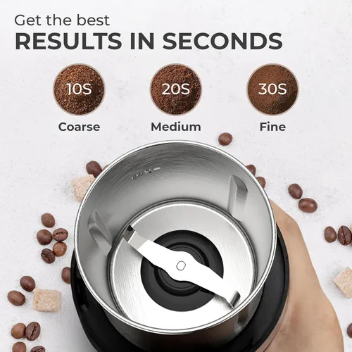 Vista 4 de Kaffe - Molinillo de café eléctrico con taza extraíble (3.5 onzas), acero inoxidable, cepillo de limpieza incluido, molinillo de granos de café