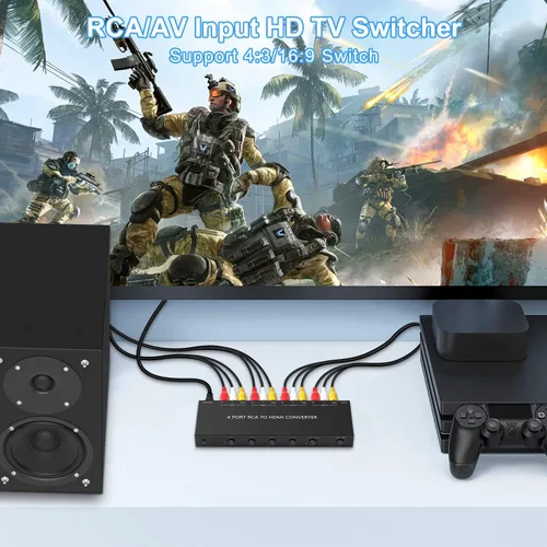 Vista 7 de Convertidor de AV a HDMI de 4 puertos, conmutador de AV a HDMI de 4 puertos con control remoto IR, soporte de 16:9/4:3 y cambio rápido compatible