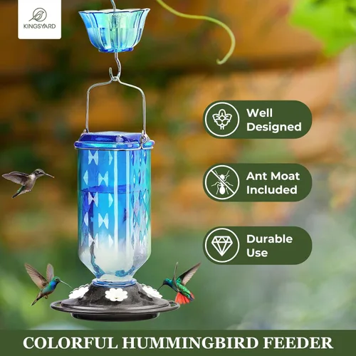 Vista 2 de Kingsyard Comedero de vidrio para colibríes para colgar al aire libre, 24 onzas, 6 puertos de alimentación, alimentador de néctar de pájaros