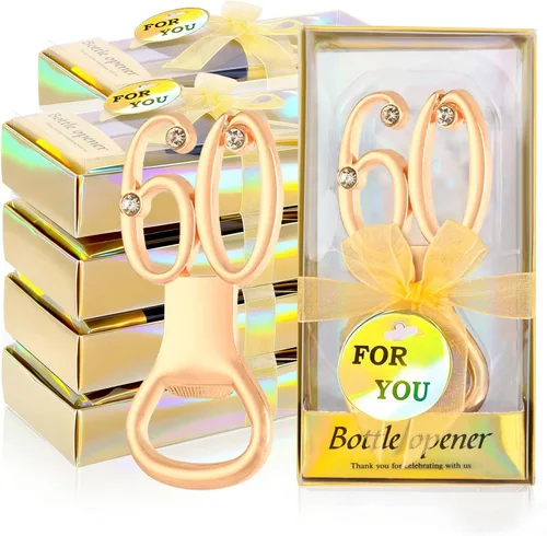 Vista 13 de 24 abrebotellas doradas con 65 abrebotellas para fiestas de cumpleaños 65, decoraciones de diamantes de imitación para bodas, aniversarios, regalos