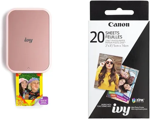 Canon IVY 2 - Mini impresora de fotos, imprime desde dispositivos iOS y Android compatibles, impresiones con respaldo adhesivo, rosa suave + paquete