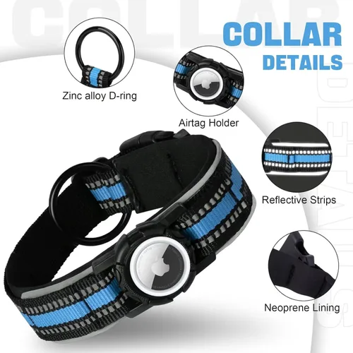 Vista 3 de Collar reflectante AirTag para perro, collares de perro resistentes con soporte AirTag, collar de perro ajustable de nailon GPS para perros medianos