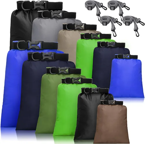 Vista 9 de Juego de bolsas secas impermeables de 15 L+ 8 L +5 L+4 L+3 L+ 2 L sacos ligeros y correa de hombro larga ajustable para kayak, rafting, canotaje