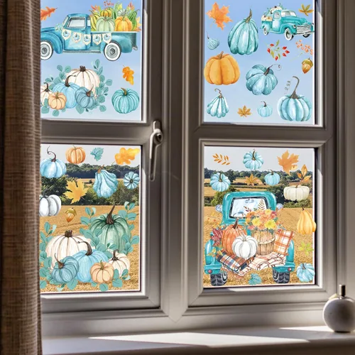 Vista 5 de Whaline 9 hojas de calcomanías de otoño para ventana, calabazas de acuarela de doble cara, calabazas azules, hojas de arce, camiones, calcomanías