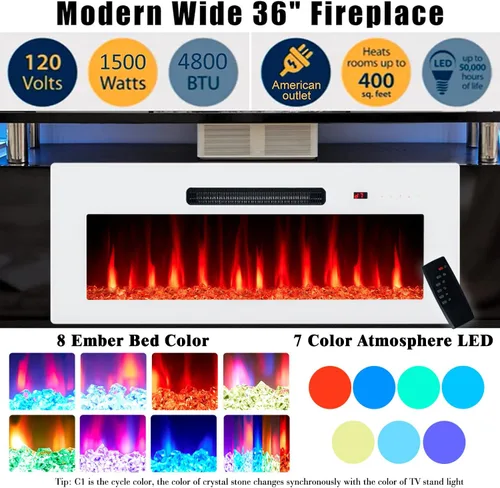 Vista 2 de AMERLIFE - Soporte de TV con chimenea de 36 pulgadas en blanco, centro de entretenimiento con chimenea moderna de 70 pulgadas con luces LED