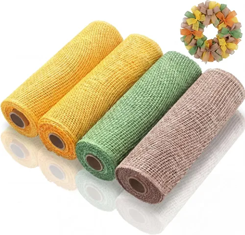 Vista 9 de 4 rollos de malla de arpillera de poliéster y arpillera de poliéster, rollo de malla de cinta decorativa para primavera, verano, Pascua, guirnalda