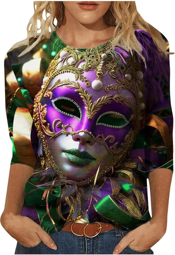 Blusa de manga 34 con estampado de máscara de fantasía para mujer, camisa de fiesta de Mardi Gras, carnaval, Mardi Gras, atuendo de Mardi Gras,