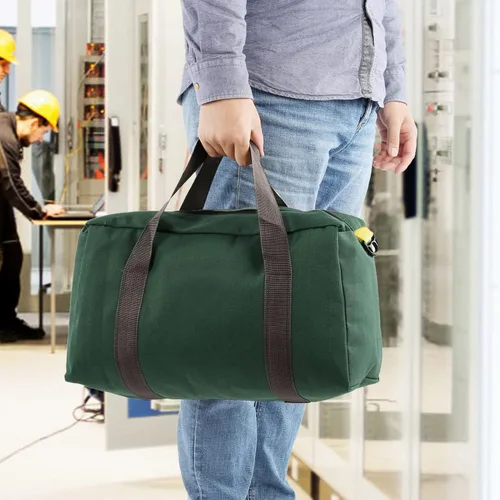 Vista 4 de Bolsa de herramientas portátil de lona de boca ancha de gran capacidad, bolsa de herramientas de mano con cremallera extra larga, bolsa