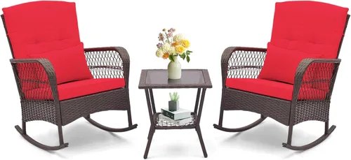 Vista 10 de ORALNER Juego de 3 mecedoras de mimbre para muebles de patio, sillas mecedoras para exteriores con cojines, almohadas, mesa de centro de cristal