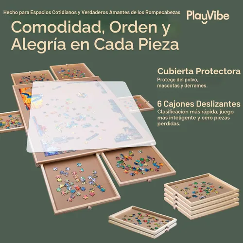 Vista 2 de PlayVibe Tablero de rompecabezas de 1500 piezas con cajones y cubierta, estación de resolución de rompecabezas, mesa portátil con cajones, bandeja