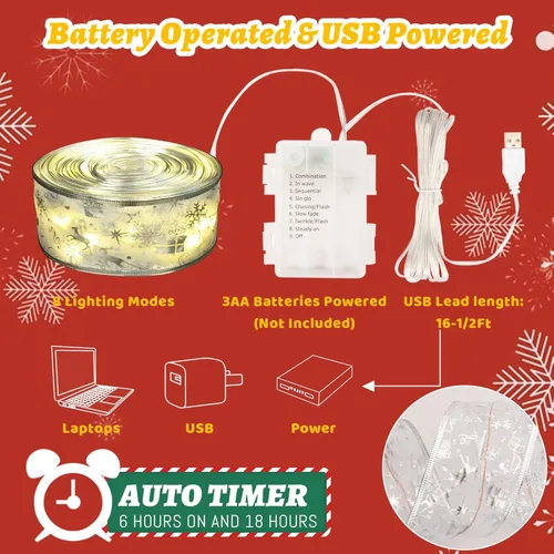 Vista 3 de Vimorg - Decoraciones de Navidad, 6.35 cm x 33 pies, 100 luces LED en forma de cinta para árbol de Navidad con control remoto, luces de hadas de 8